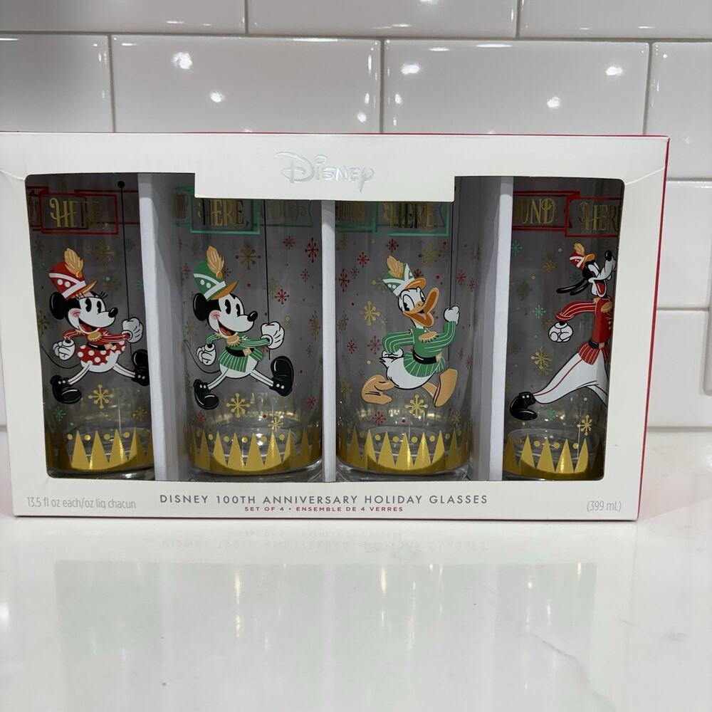 DISNEY Hallmark Mickey Mouse 100TH ANNIVERSARY HOLIDAY GLASSES Set of 4 NEW Box